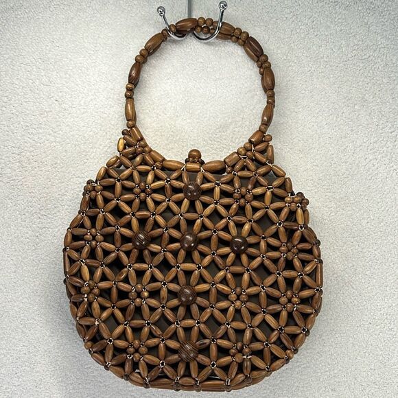 Vintage Wood Beaded Purse Handbag Lined MCM Hippie Floral Boho - Picture 1 of 9